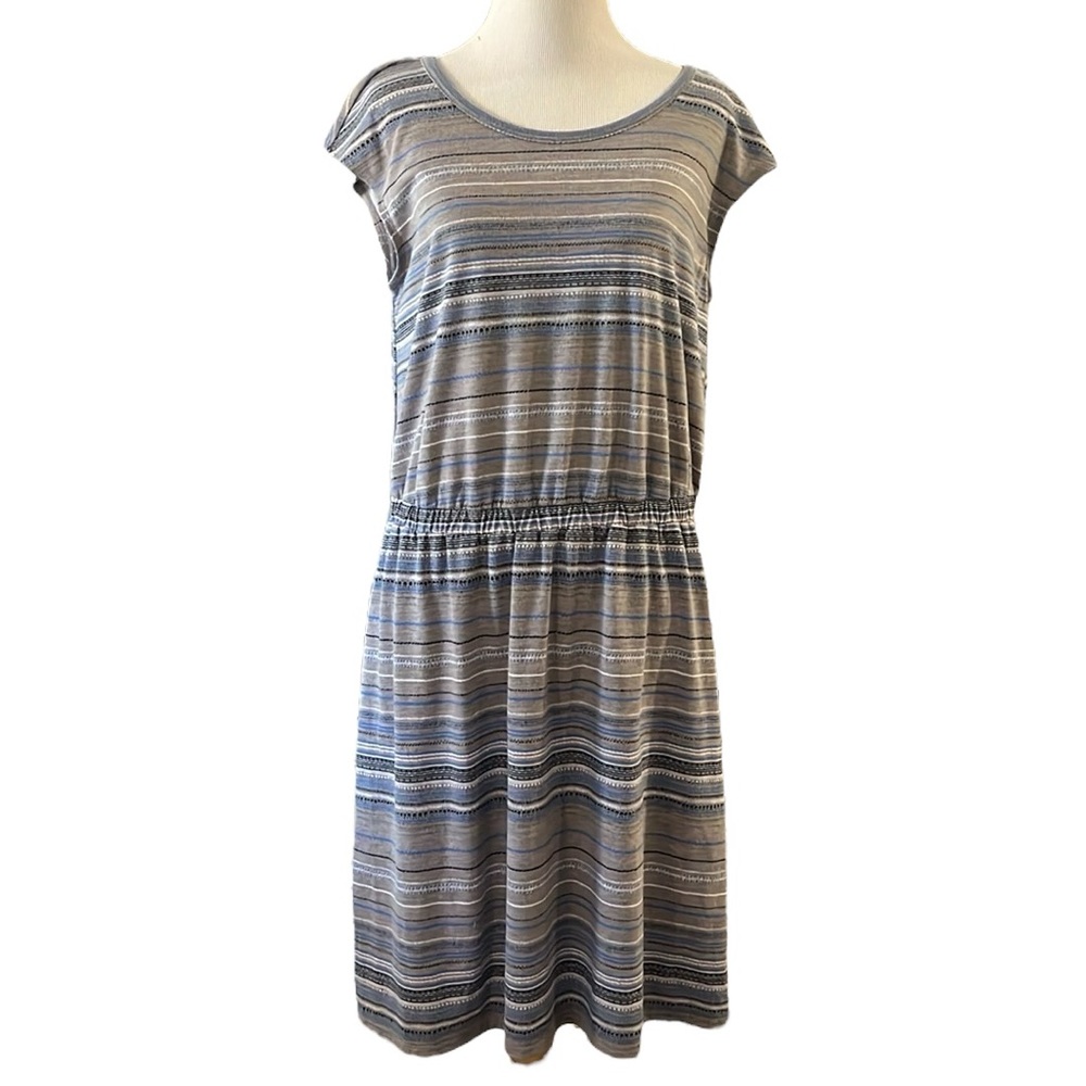 SONOMA STRIPED CASUAL CAP SLEEVE DRESS WITH CRISS CROSS BACK GRAY BLUE SIZE L